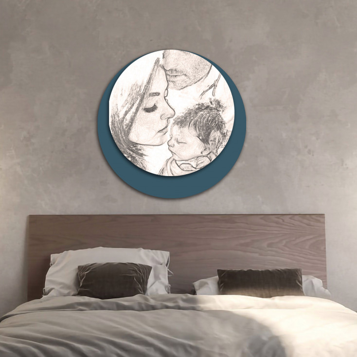 Capezzale rotondo dal design moderno in legno con stampa sacra famiglia