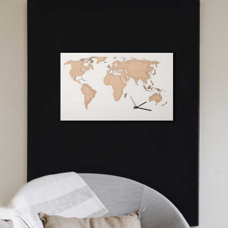 Orologio da parete rettangolare in legno con mappamondo dal design moderno