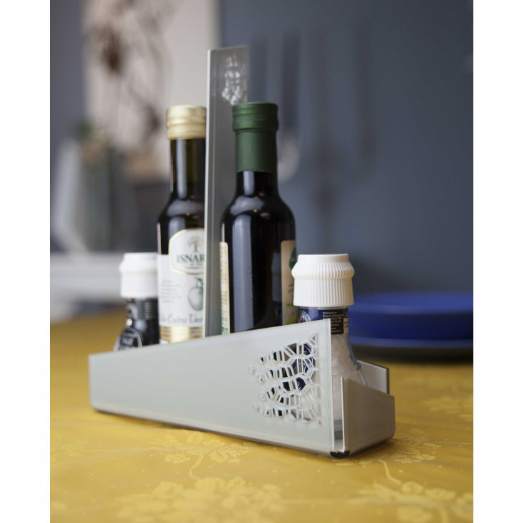 Portacondimenti per sale-pepe-olio-aceto con struttura in plexiglass traforata