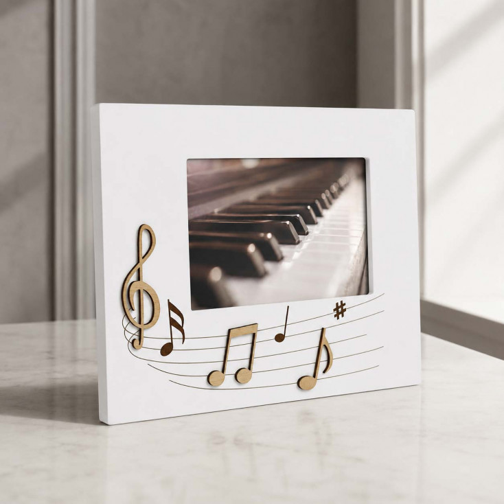 Portafoto da tavolo in legno con applicazioni musicali e dettagli incisi a laser