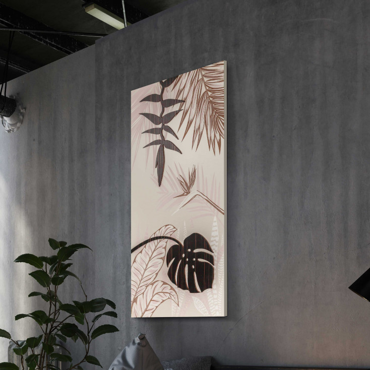 Quadro moderno verticale interamente in legno con raffigurazioni incise a laser