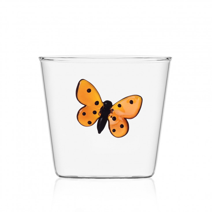 Bicchiere tumbler in vetro per acqua con farfalla
