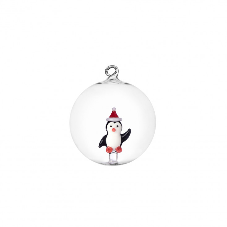 Pallina di natale in vetro con pinguino con cappello