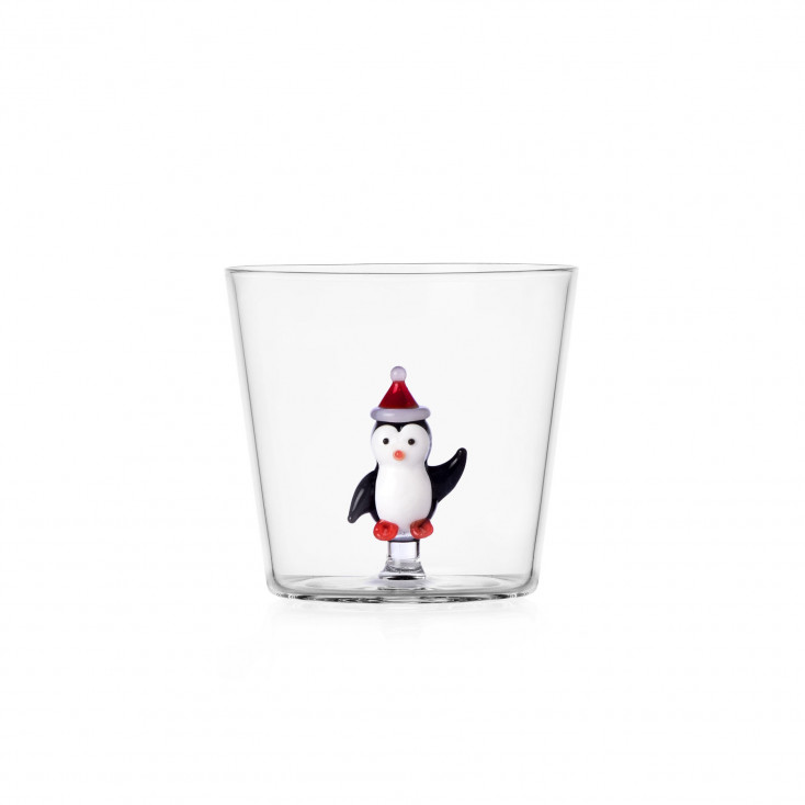 Tumbler in vetro versione natalizia con pinguino con cappello