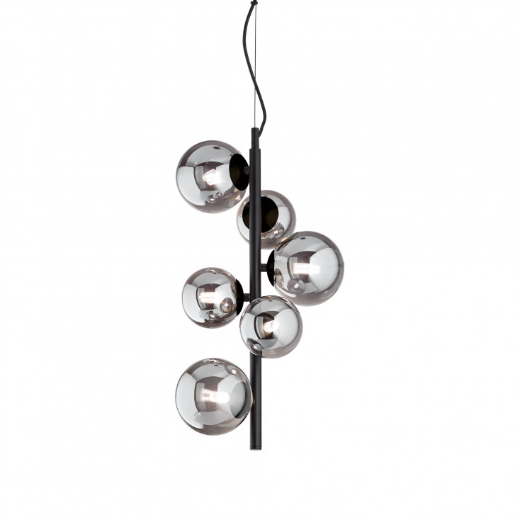 Lampada a sospensione con struttura in metallo e 6 diffusori in vetro