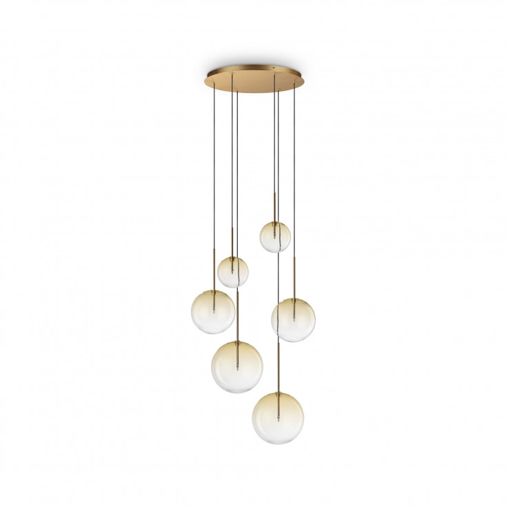 Lampada a sospensione con struttura metallo rotonda e 6 diffusori in vetro