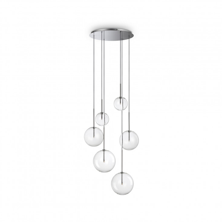 Lampada a sospensione con struttura metallo rotonda e 6 diffusori in vetro