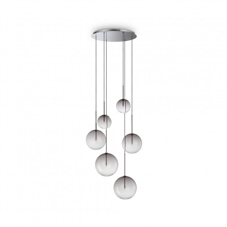 Lampada a sospensione con struttura metallo rotonda e 6 diffusori in vetro