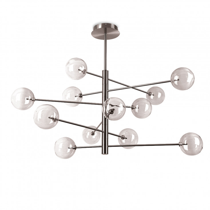 Lampada a sospensione grande con struttura metallo e 12 diffusori in vetro