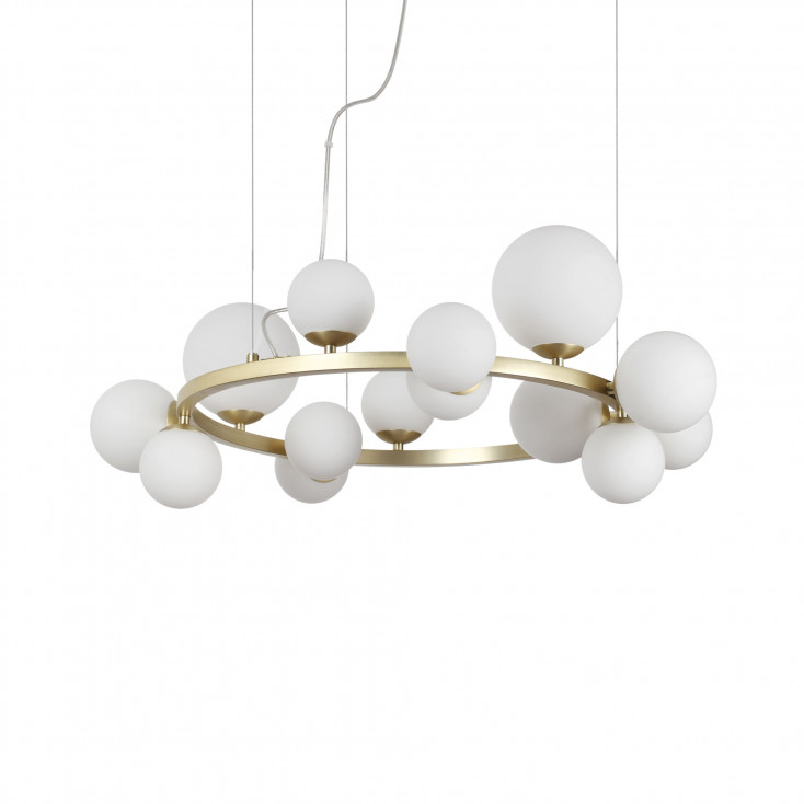 Lampada a sospensione grande struttura in metallo e 14 diffusori in vetro
