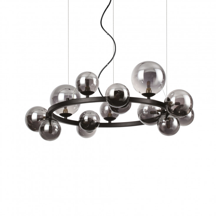 Lampada a sospensione grande struttura in metallo e 14 diffusori in vetro