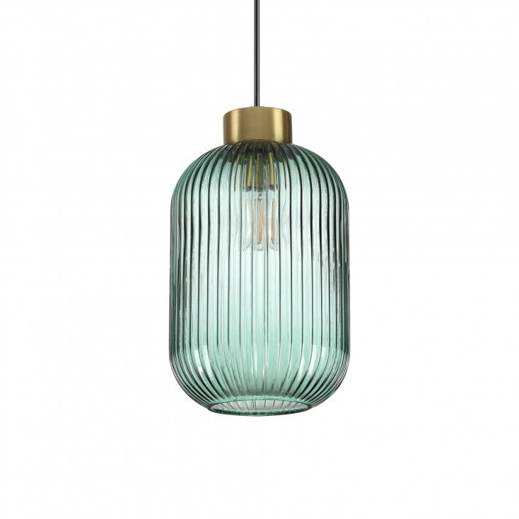 Lampada a sospensione in ottone satinato e diffusore in vetro ovale grande