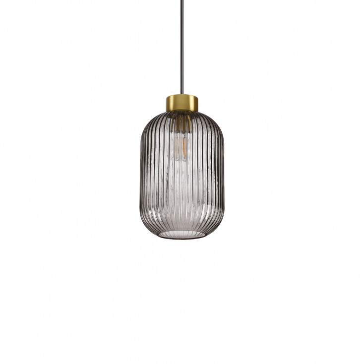 Lampada a sospensione in ottone satinato e diffusore in vetro ovale piccolo