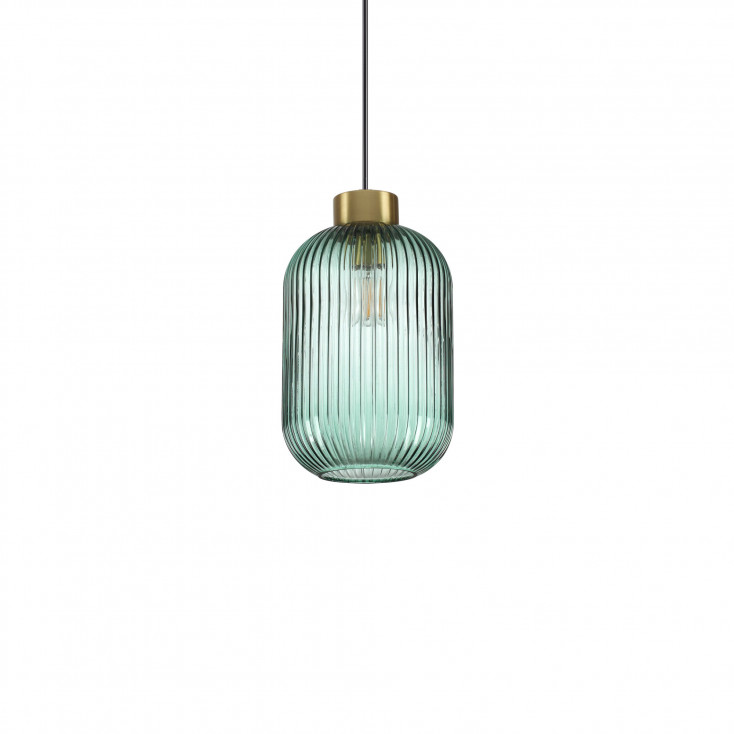 Lampada a sospensione in ottone satinato e diffusore in vetro ovale piccolo