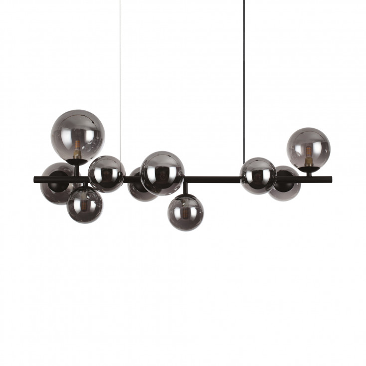 Lampada a sospensione lineare struttura in metallo e 10 diffusori in vetro