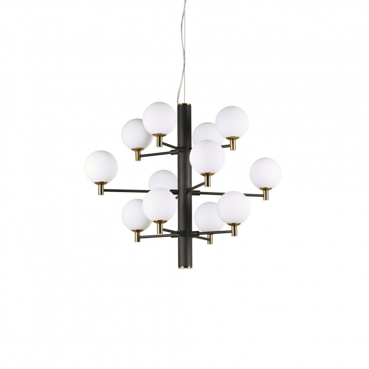 Lampada a sospensione piccola con struttura in metallo e 12 diffusori in vetro