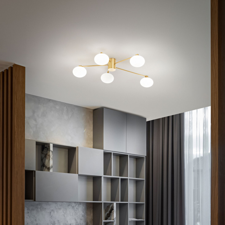 Lampada da soffitto con bracci lunghi in metallo e 5 diffusori in vetro