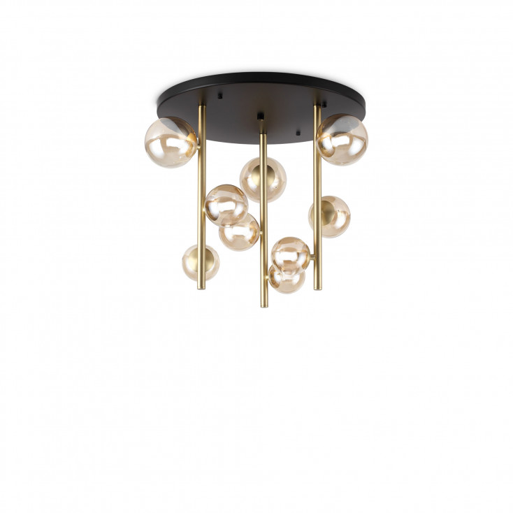 Lampada da soffitto con struttura in metallo e 9 diffusori in vetro