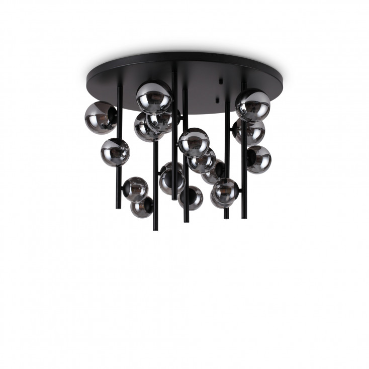 Lampada da soffitto grande con struttura in metallo e 18 diffusori in vetro