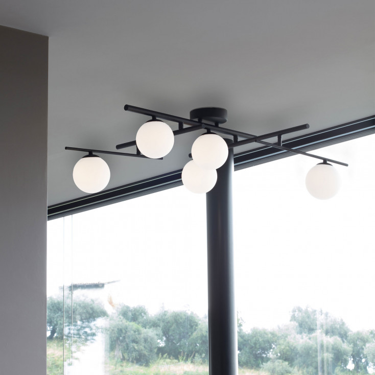 Lampada da soffitto grande in metallo con 5 diffusori in vetro posizionabili
