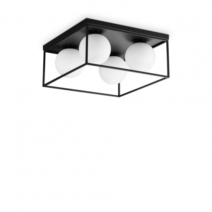 Lampada da soffitto grande in metallo quadrata con 4 diffusori in vetro soffiato