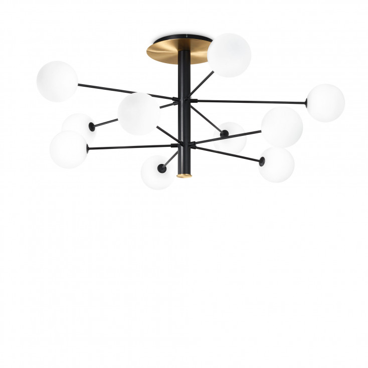 Lampada da soffitto media in metallo con 10 diffusori in vetro bianco acidato