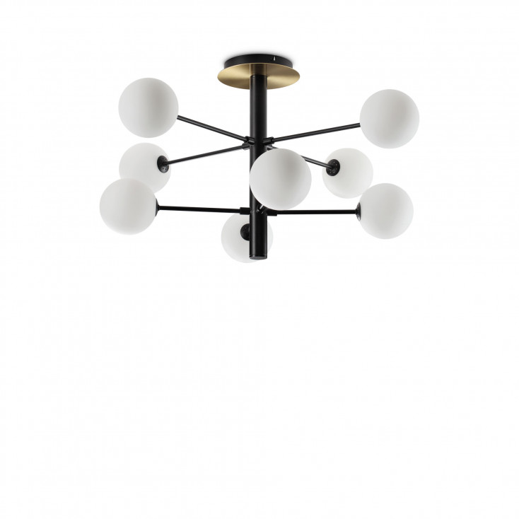 Lampada da soffitto piccola in metallo con 8 diffusori in vetro bianco acidato