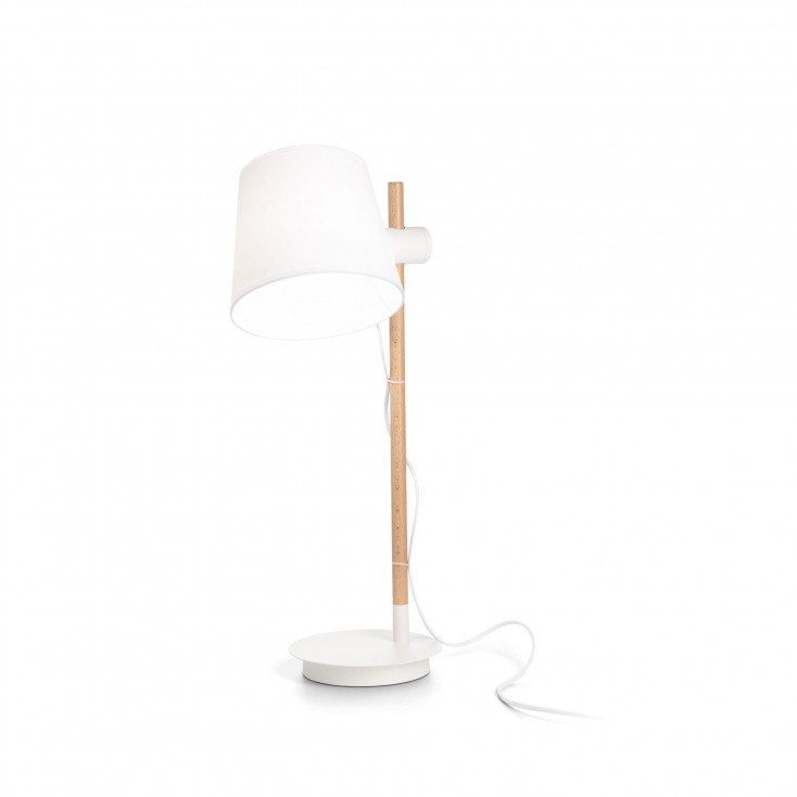 Lampada da tavolo con struttura in metallo e legno e diffusore in tessuto