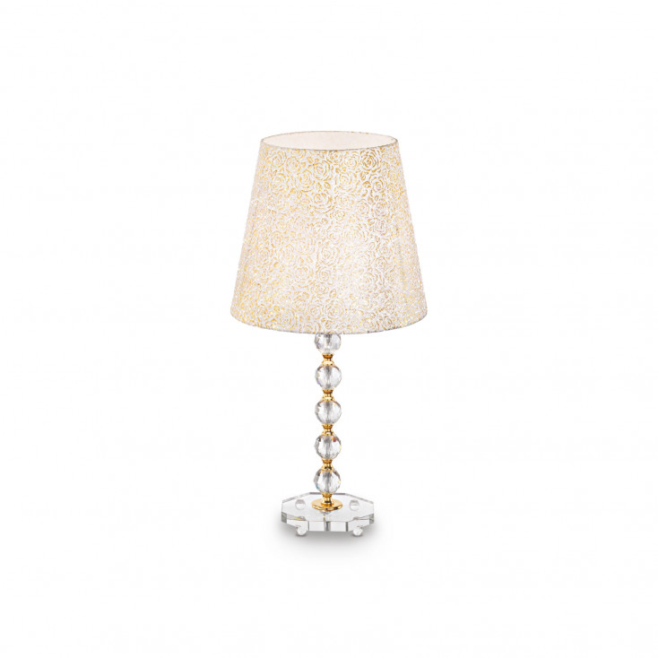 Lampada da tavolo grande in metallo e cristallo e paralume in tessuto e PVC