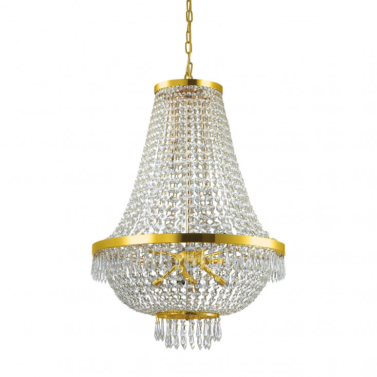 Lampadario classico grande con struttura in metallo e elementi in cristallo