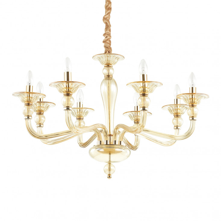 Lampadario grande con struttura in metallo e decorazioni in vetro soffiato
