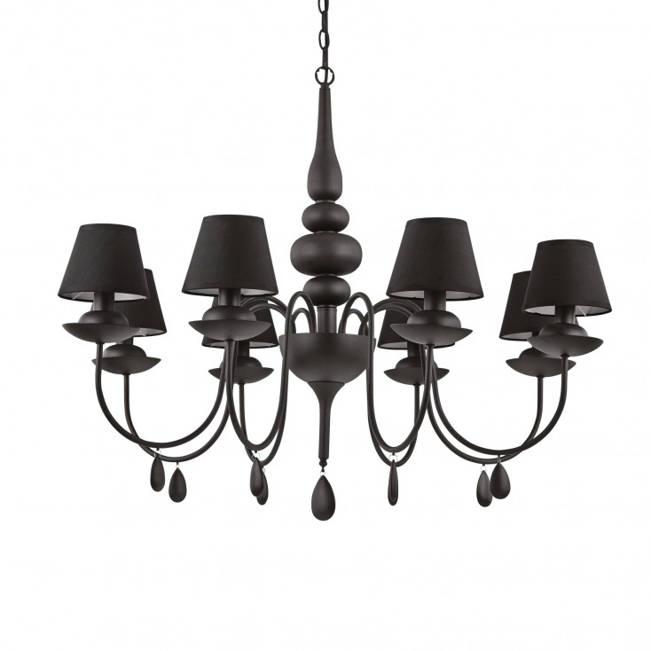 Lampadario grande dal design moderno in metallo con 8 paralumi in tessuto