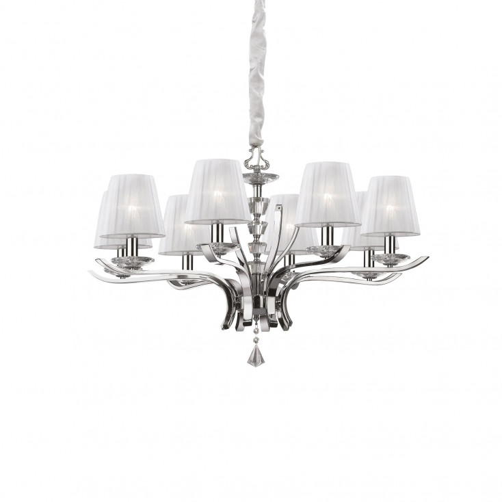Lampadario grande moderno in metallo e cristallo con paralumi in organza