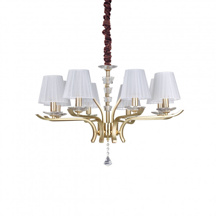 Lampadario grande moderno in metallo e cristallo con paralumi in organza