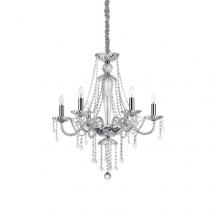 Lampadario in metallo cromato elementi decorativi in vetro e cristallo