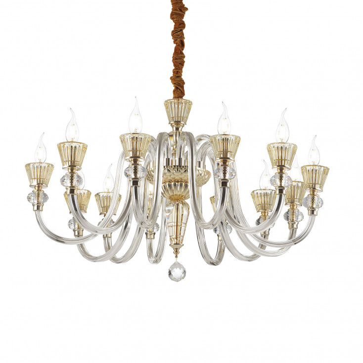 Lampadario medio in metallo finitura oro bracci in vetro soffiato e cristallo