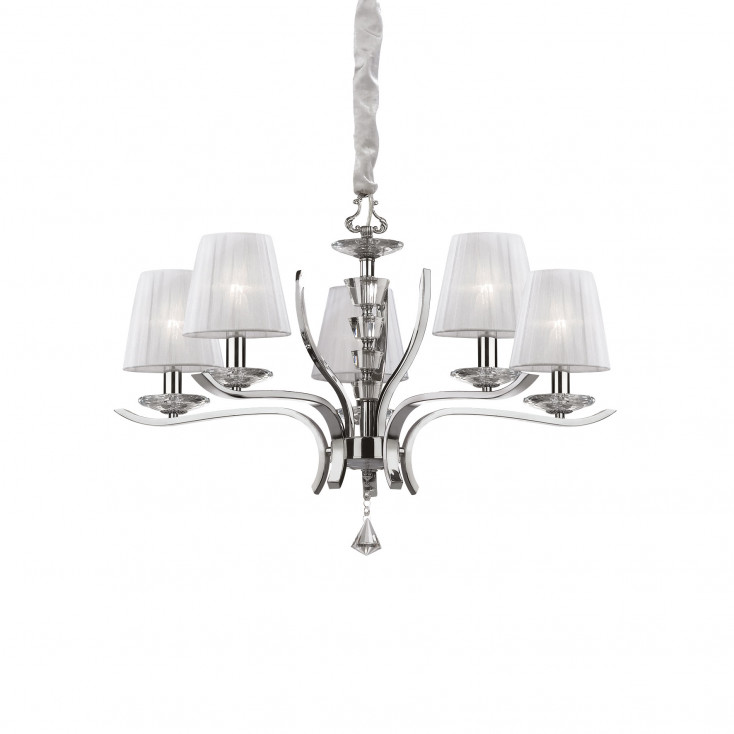 Lampadario medio moderno in metallo e cristallo con paralumi in organza