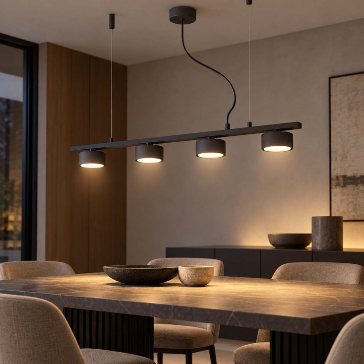 Lampadario moderno lineare con 4 diffusori con faretto