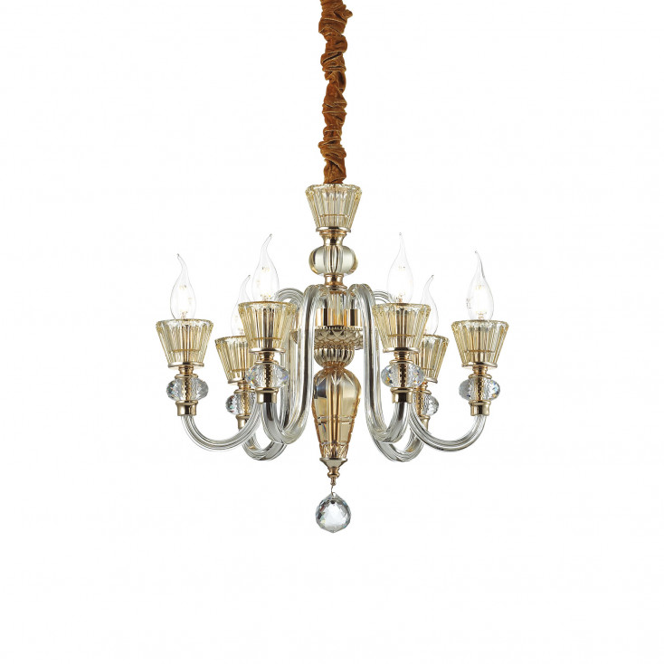 Lampadario piccolo in metallo finitura oro bracci in vetro soffiato e cristallo