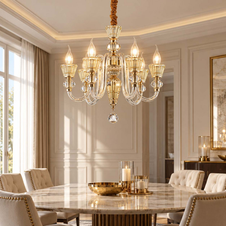 Lampadario piccolo in metallo finitura oro bracci in vetro soffiato e cristallo