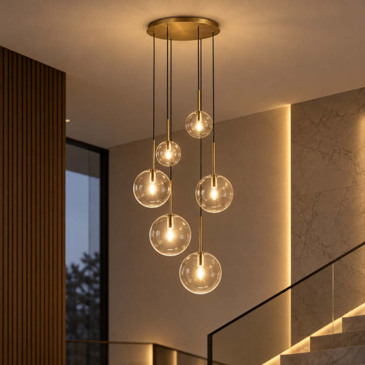 Lampadario rotondo moderno in metallo con 6 diffusori a boccia in vetro