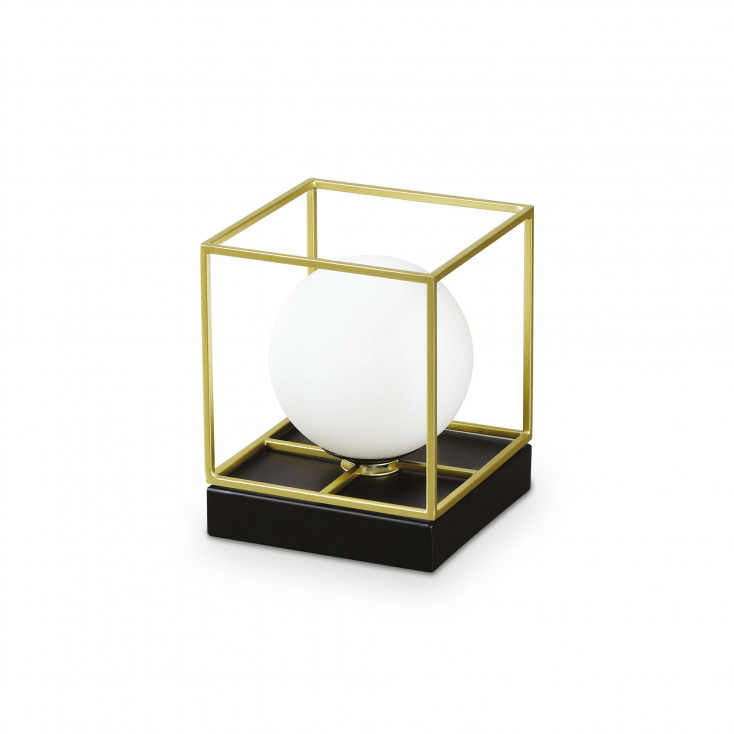 Lampda da comodino di design con struttura in metallo e diffusore in vetro
