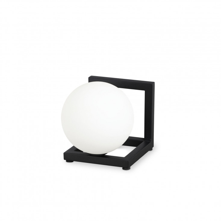 Lampda da tavolo di design con struttura in metallo e diffusore in vetro