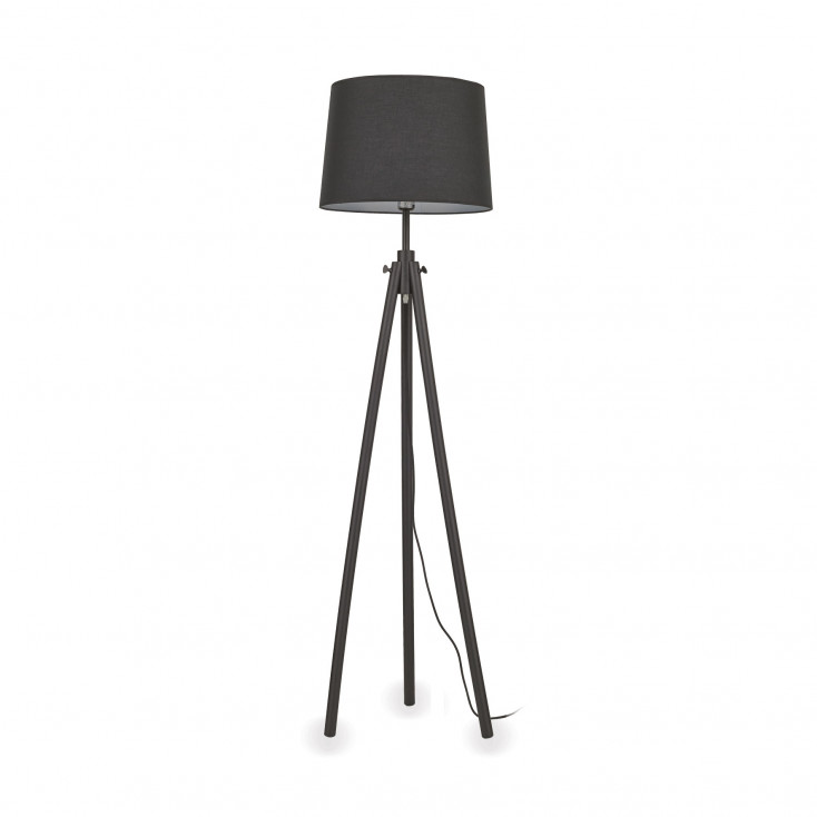 Piantana dal design moderno con struttura in legno e paralume in tessuto