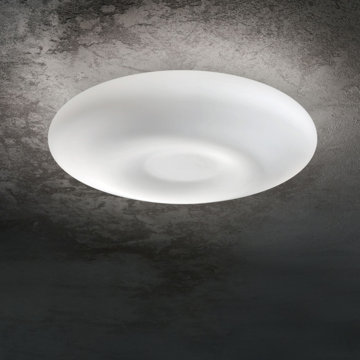 Plafoniera piccola struttura rotonda in metallo satinato e diffusore in vetro