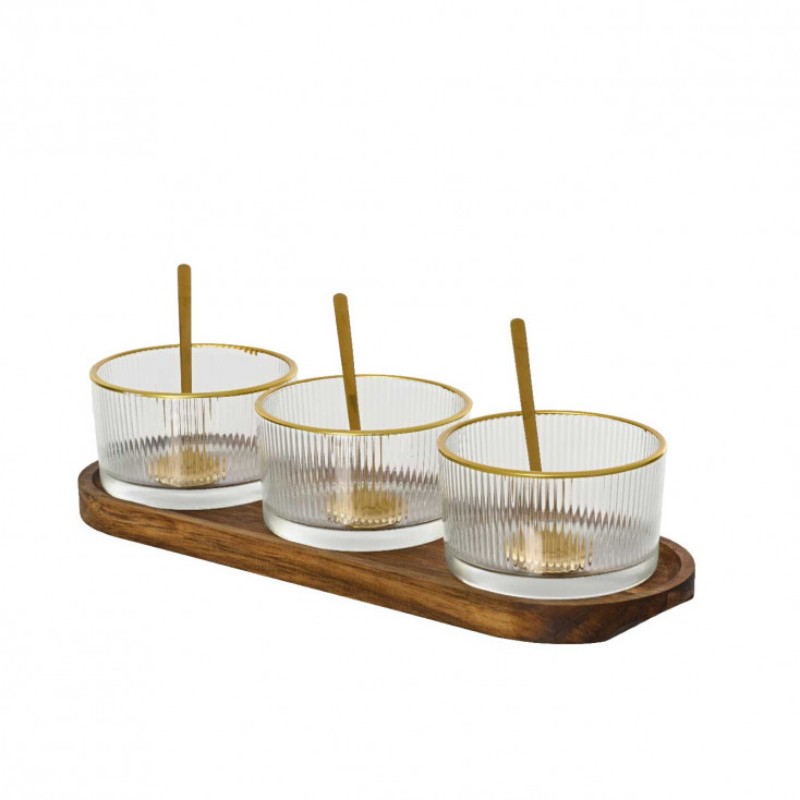 Set vassoio in legno di acacia con contenitori in vetro e cucchiaini