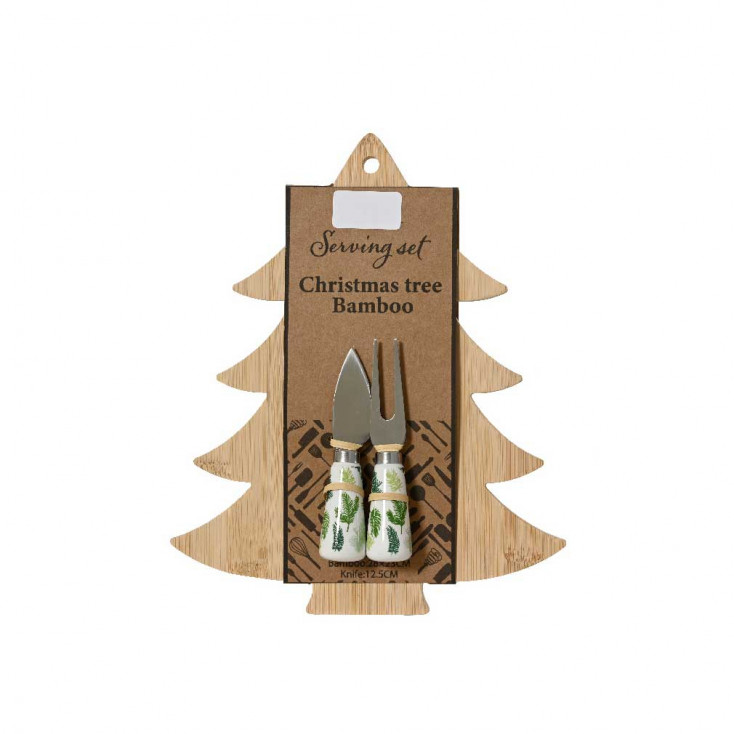 Tagliere in legno per formaggi a forma di albero di natale con coltellini