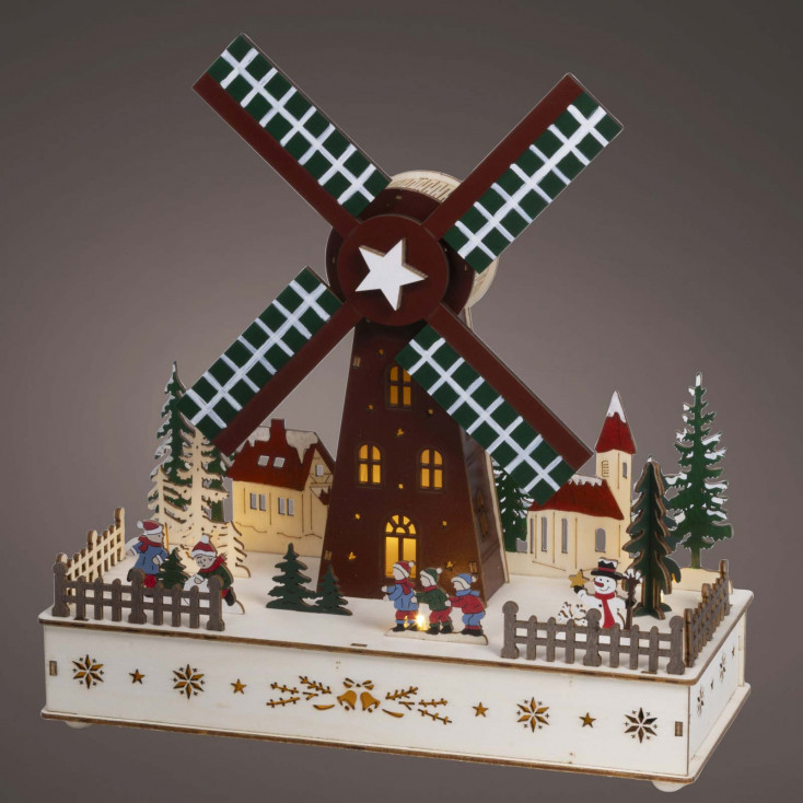 Villaggio di babbo natale con mulino in compensato con led