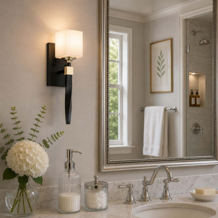 Applique per bagno con struttura in acciaio e diffusore in vetro opalino