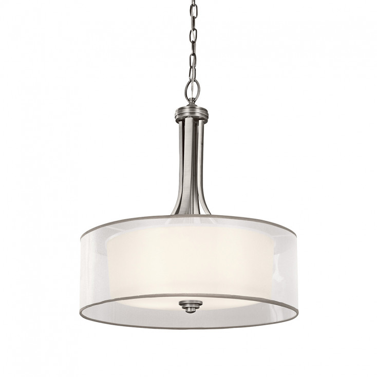 Lampadario grande con diffusore in vetro opalino e maglia di lino